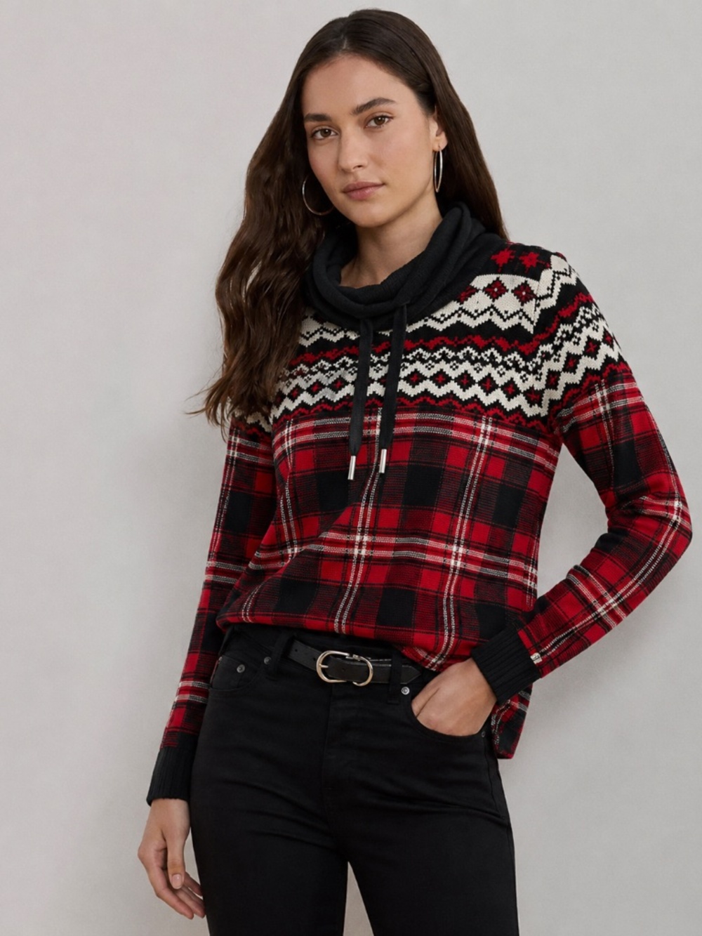Lauren Ralph Lauren Fair Isle Plaid Cowl Neck Top Red Black Cozy Women Size XL